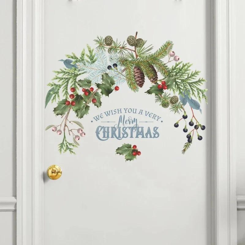 Green Plant Pine Cones Branch Wall Stickers Holiday Decoration New Year Decor Glass Window Door Posters Home Self-adhesive Mural