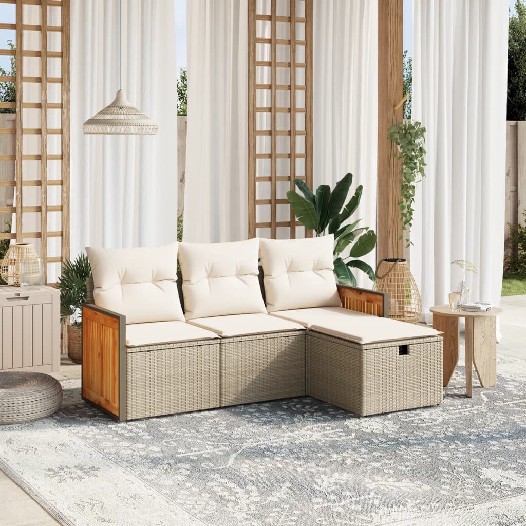 4 Piece Beige Garden Sofa Set with Cushions Poly Rattan