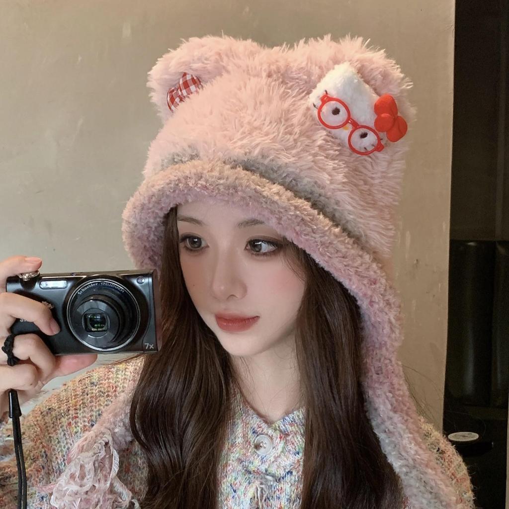 Korean Style Sweet Kitten Plush Hat for Women - Cute 2025 Autumn/Winter Warm Beanie with Ear Protection Shows Slim Face