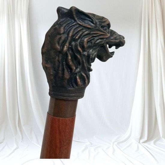 Wooden Walking Cane with Wolf Head Handle