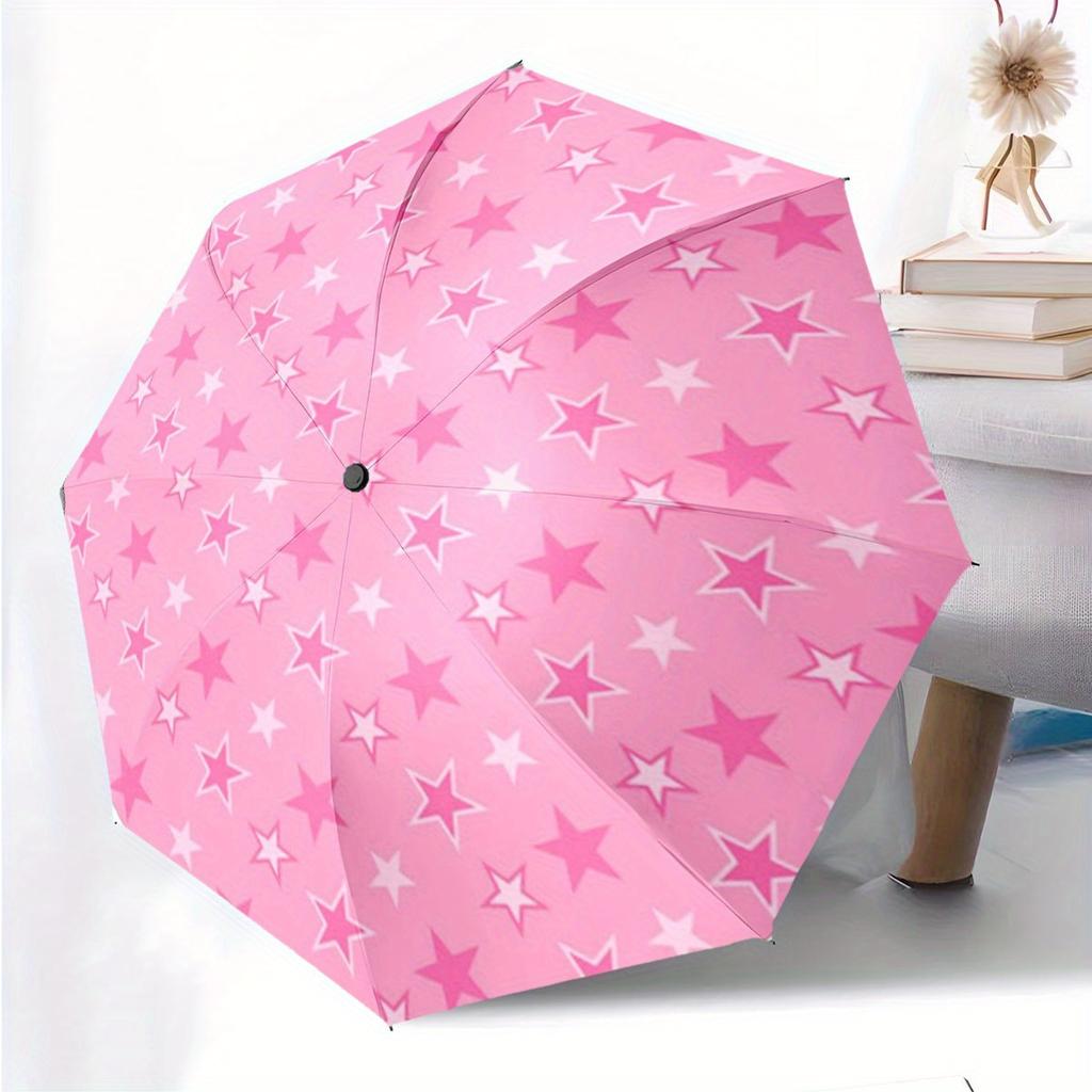 Automatic Folding Umbrella Pink and White Stars. Portable Collapsible Design, Casual Outdoor Accessory, Christmas Birthday Fes