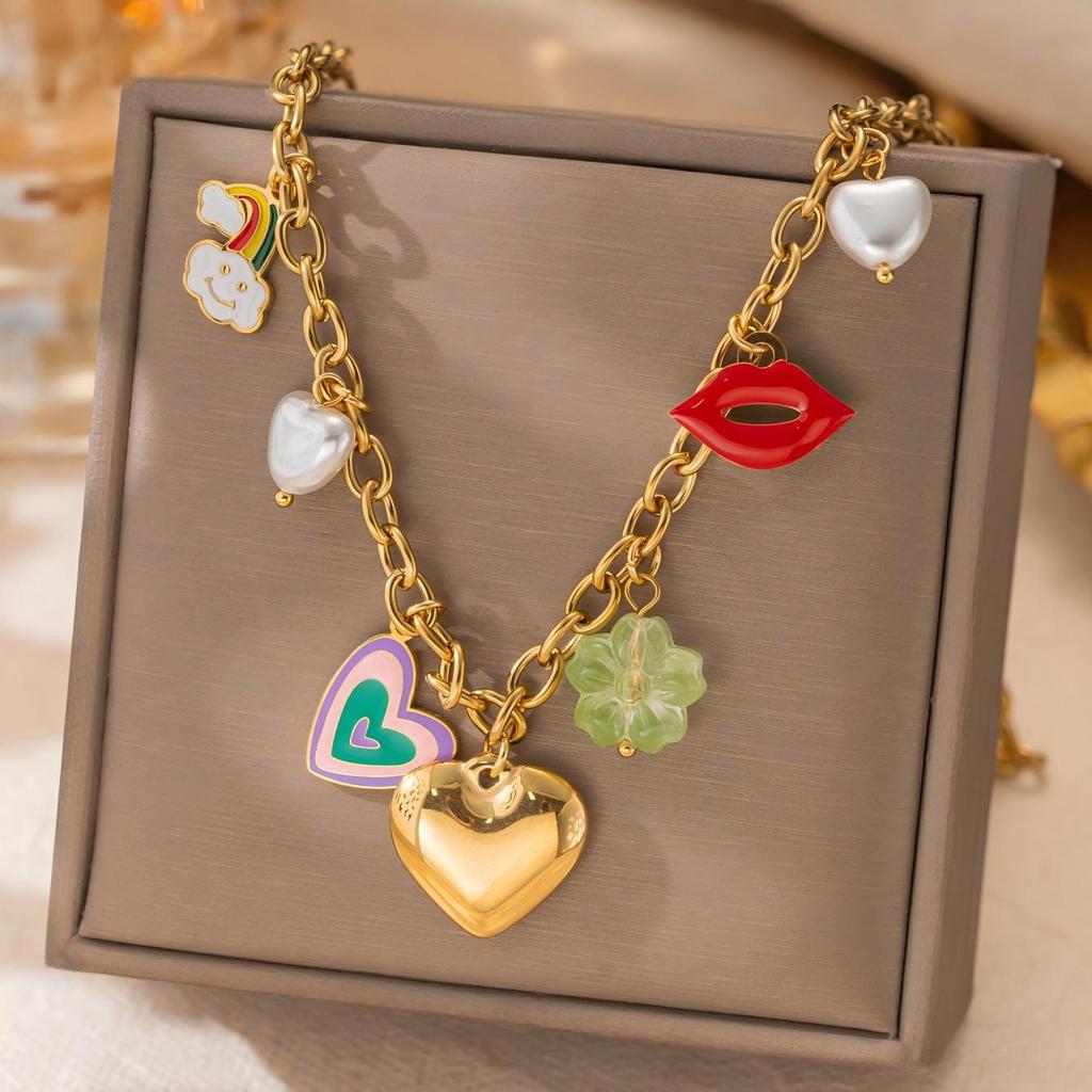 18K Gold Plated Stainless Steel Heart, Lips, and Flower Pendant Necklace for Women