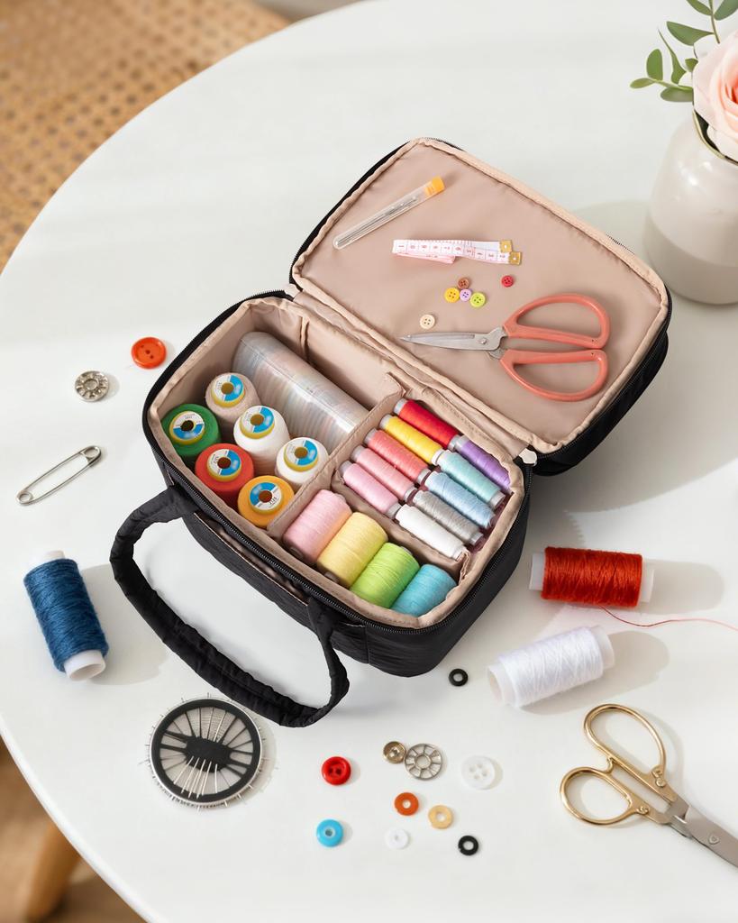 Fasrom Sewing Box, Two-Compartment Sewing Case, for Home and Travel, Bag Only, Black