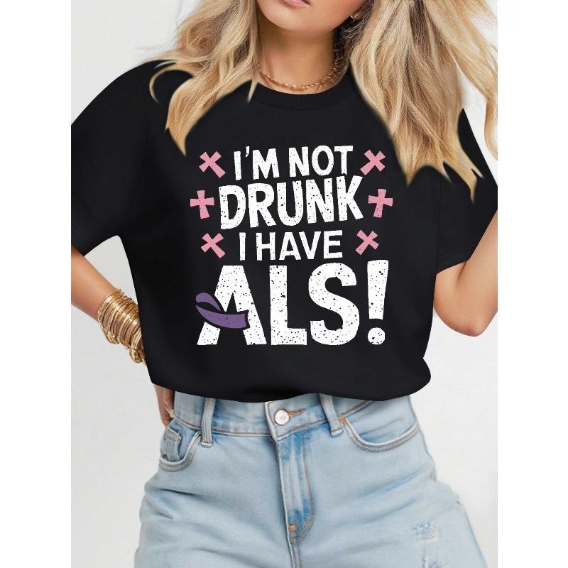 

European sizes WHEN Women S Funny I m Not Drunk I Have ALS Slogan T-Shirt - Comfort Fit Short Sleeve Round Neck Casual Tee with & Pink Ribbon Design S чёрный