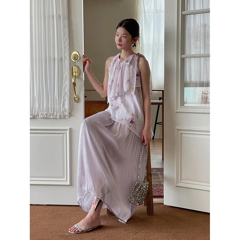 [Light Summer Flower Shadow] High-end Lace-up Pleated Flower Shirt Women's New Summer Sleeveless Vest NC