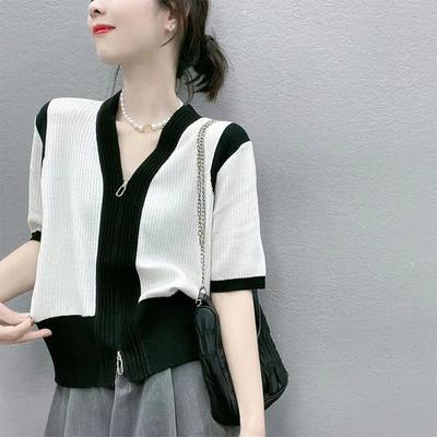Women's Summer Short Sleeved White T-shirt with Zippered Cardigan Short V-neck Ice Silk Knitted Top