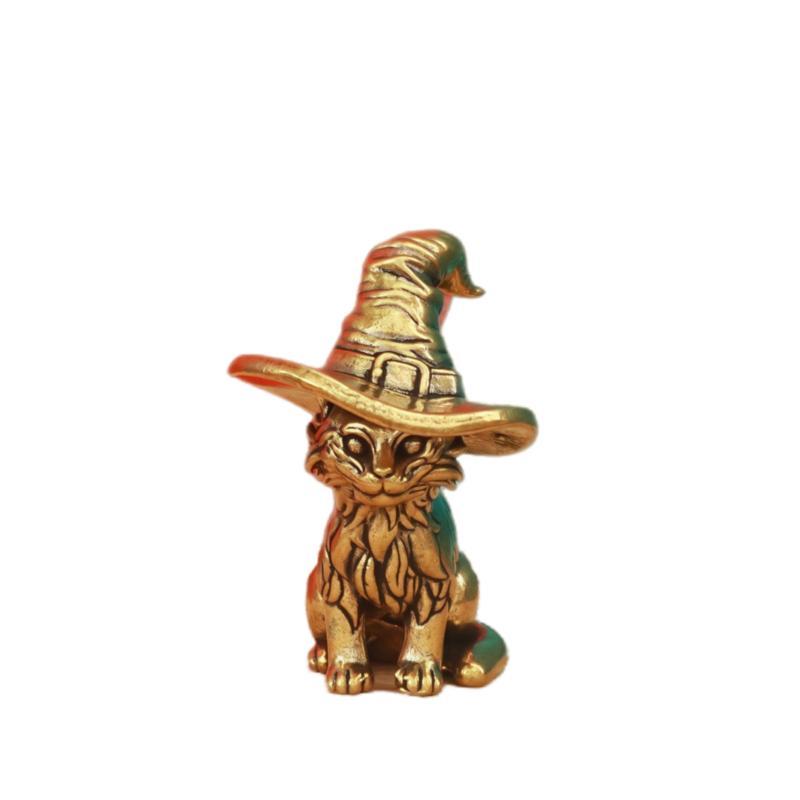 Brass Wizard Cat Figurine Delicate Carved Details Vintage Finish For Halloween Home Desk Decor Gifts