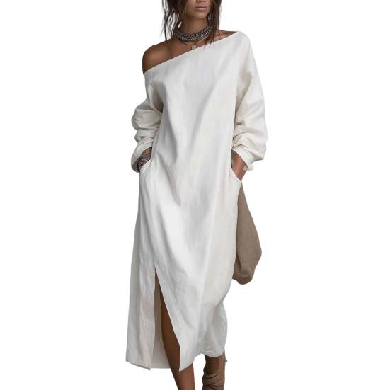 Women's One Shoulder Long Sleeve Maxi Dress, Casual Cotton Linen Long Tunic Dress, Side Slit Summer Loose Dress with Pockets