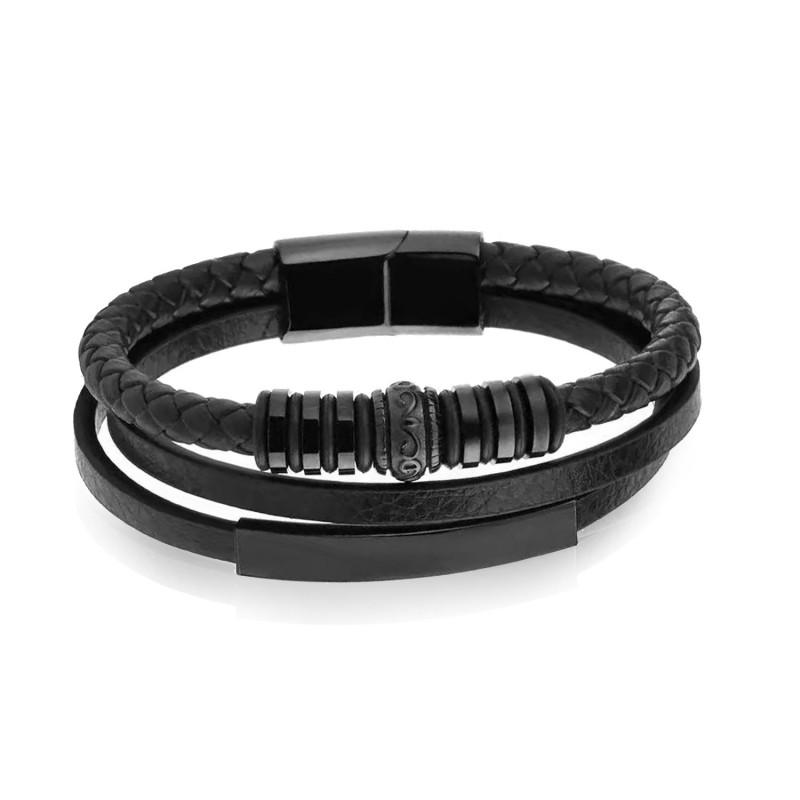 Mens Geometric Stainless Steel Pendant Leather Braided Bracelet Adjustable Wristband Cycling Outdoor Adventure