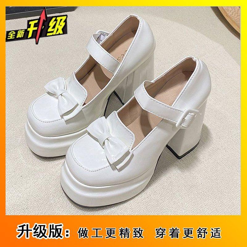 Autumn Single Shoes Thick Sole Thin Bow High Heel Mary Jane Shoes Sweet Cool Small JK Girlish Feeling Heightened Leather Shoes