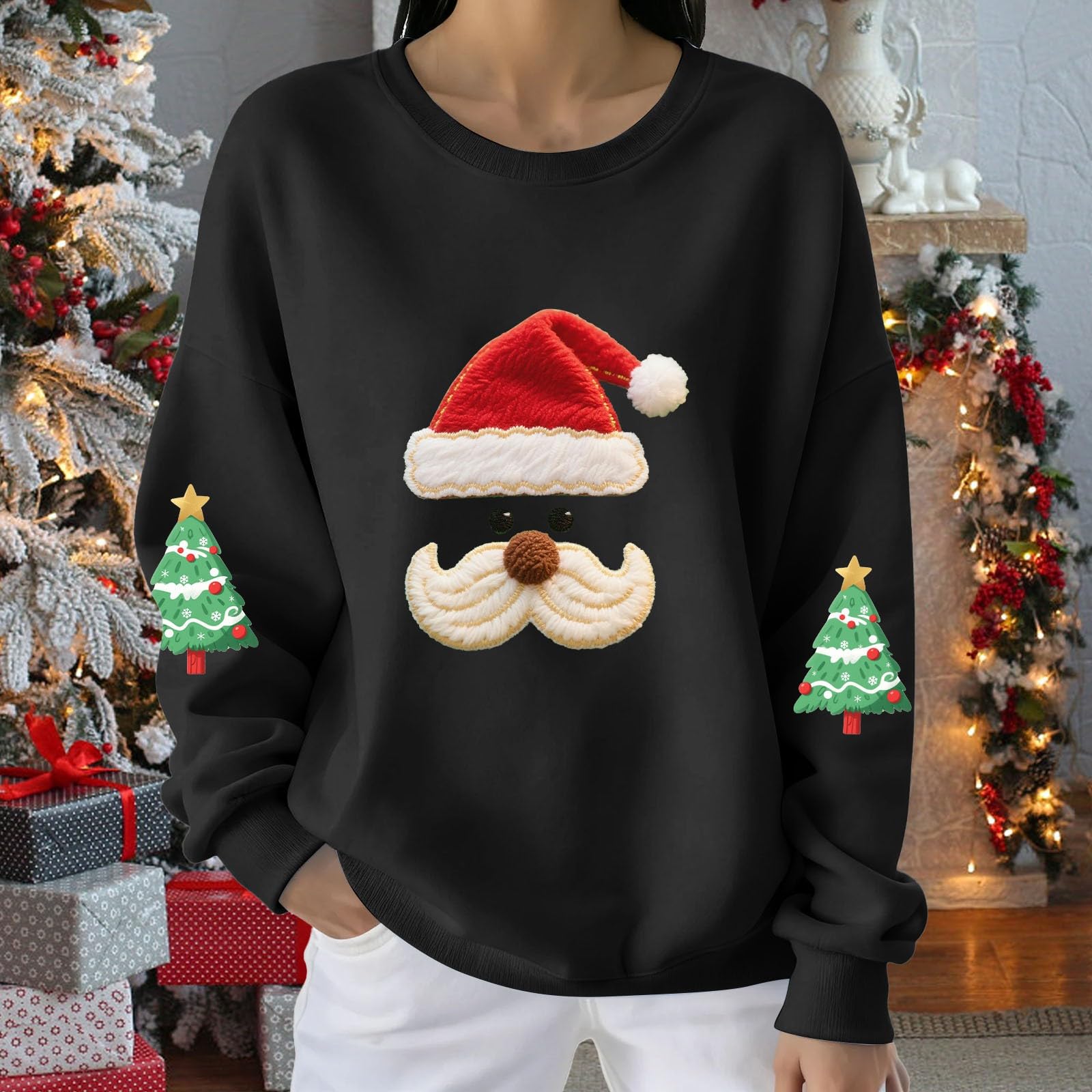 

Женский повседневный и модный топ с круглым вырезом и рождественским принтом, худи, футболка с длинным рукавом S чёрный