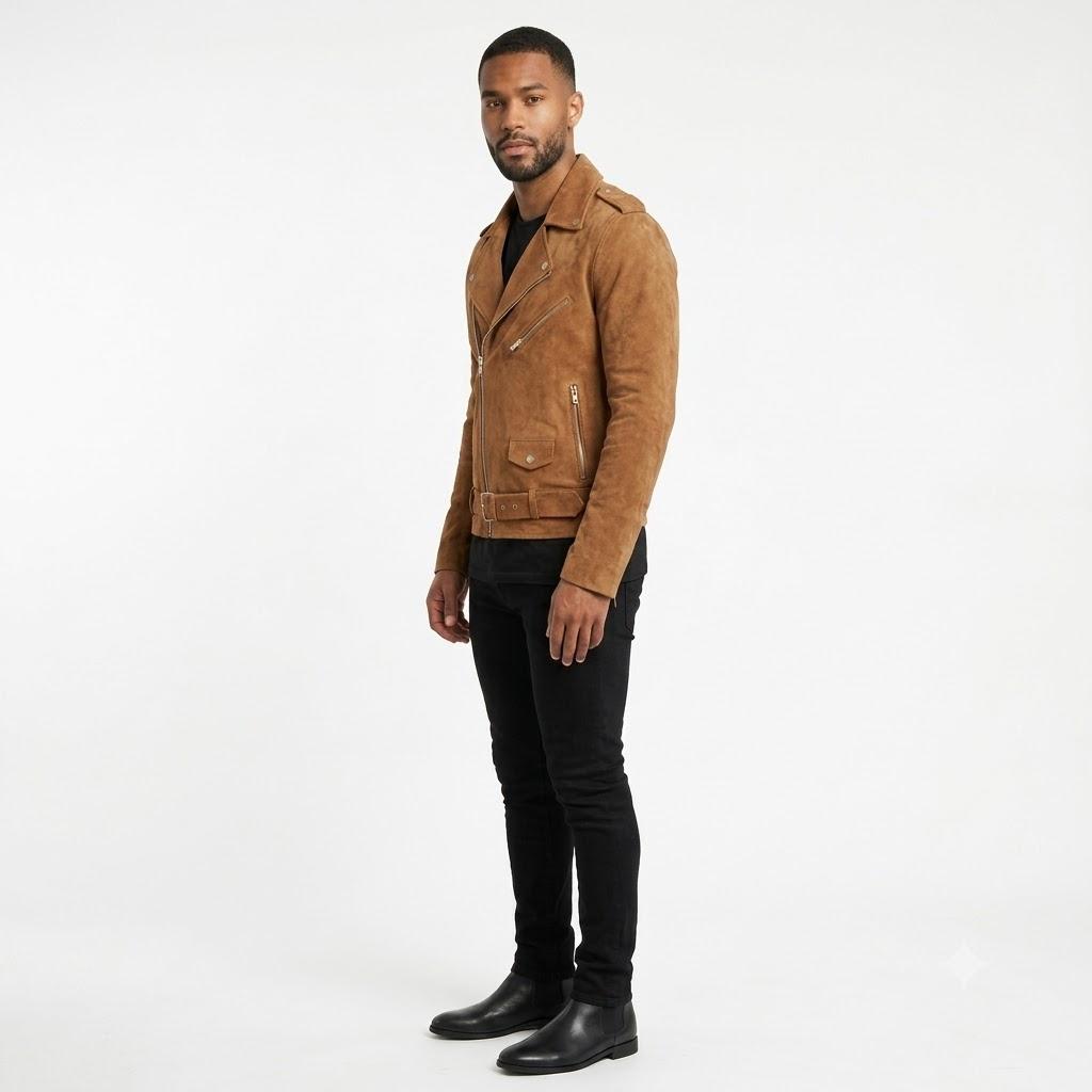 Men's Suede Genuine Pure Lambskin Leather Jacket Fit Stylish Tan Biker Handmade