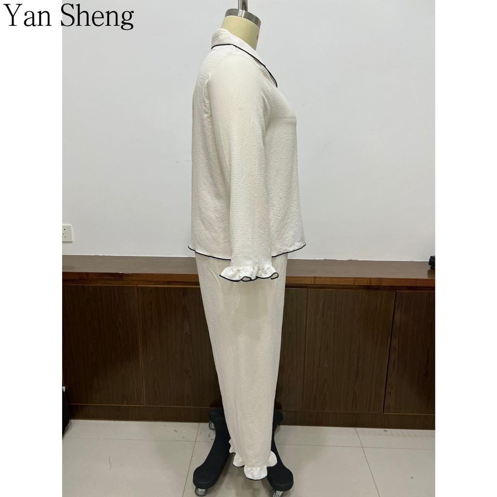 Women Pajama Set, White Plus Size Lapel Long Sleeve Contrast Trim Loose Wide Leg Loungewear Two Piece Outfit For Spring Autumn