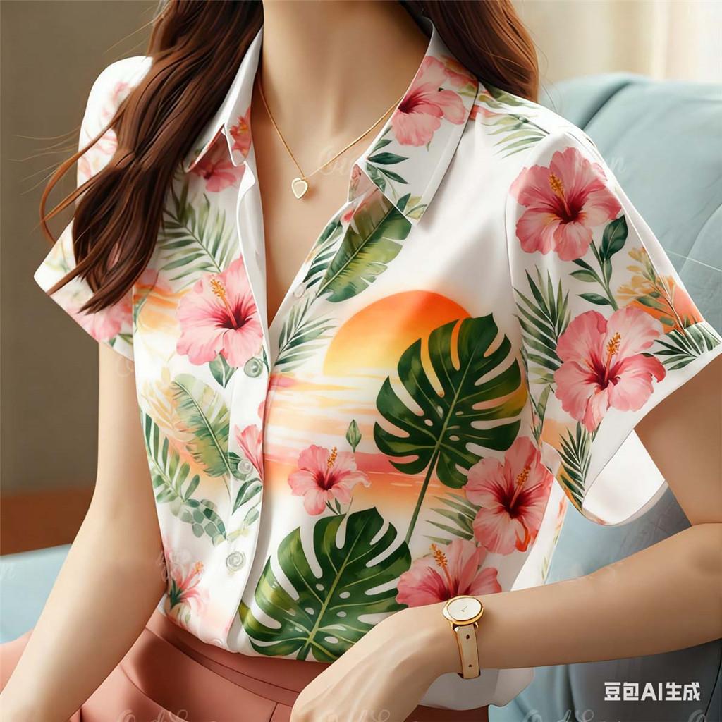 

Hawaii Printed Short Sleeve Oversized Shirt for Women 5XL