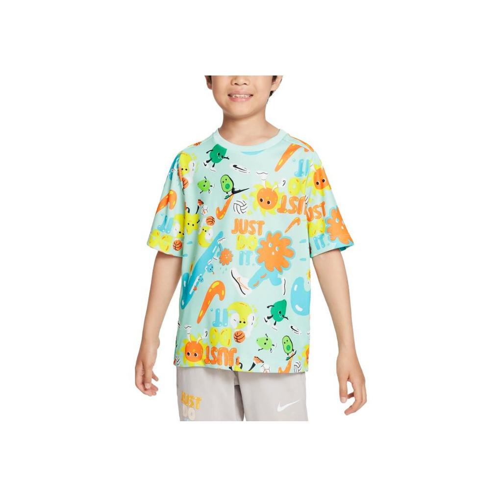 Nike Letter Pattern Printed Round Neck Loose Short Sleeve T-Shirt Kids Tops Ice-Blue FQ0705-346