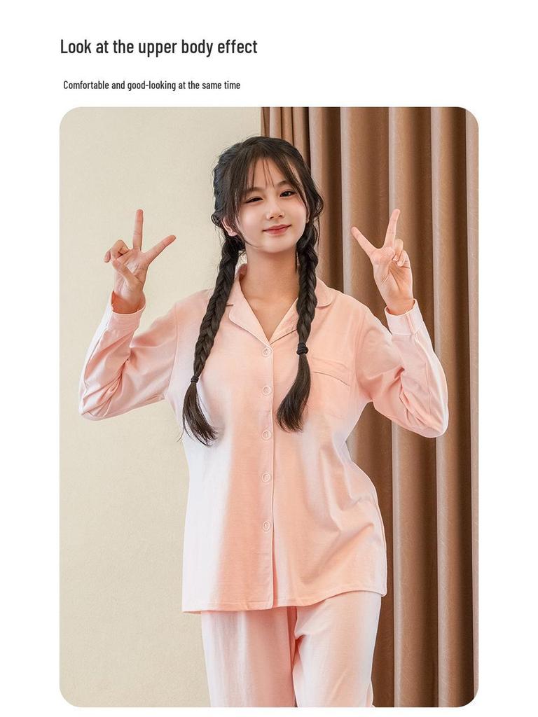 2025 Women's Pure Cotton Solid Color Pajamas - Energetic Girl Autumn/Spring Style, Soft Home Wear