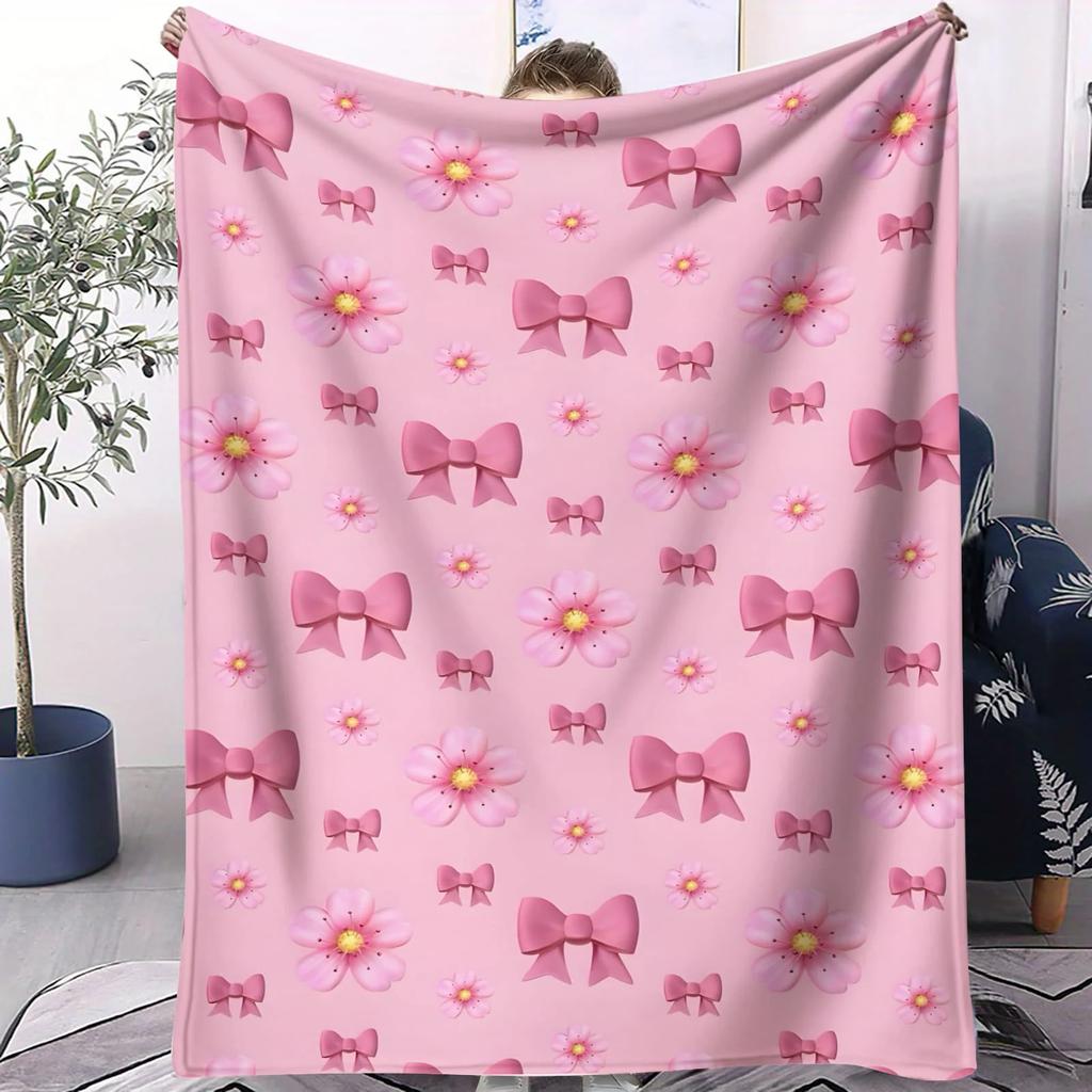 Kawaii Sakura Bow Fleece Blanket Soft Pink Cute Pattern Throw for Bedroom Sofa Ideal for Teens Girls Kawaii Aesthetic Fans