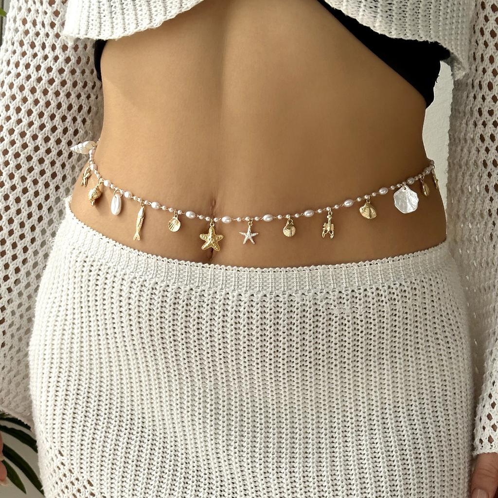 Bohemian Shell Conch Starfish Seahorse Pendant Waist Chain For Women Handmade Imitation Pearl Belly Chain Bikini Body Jewelry