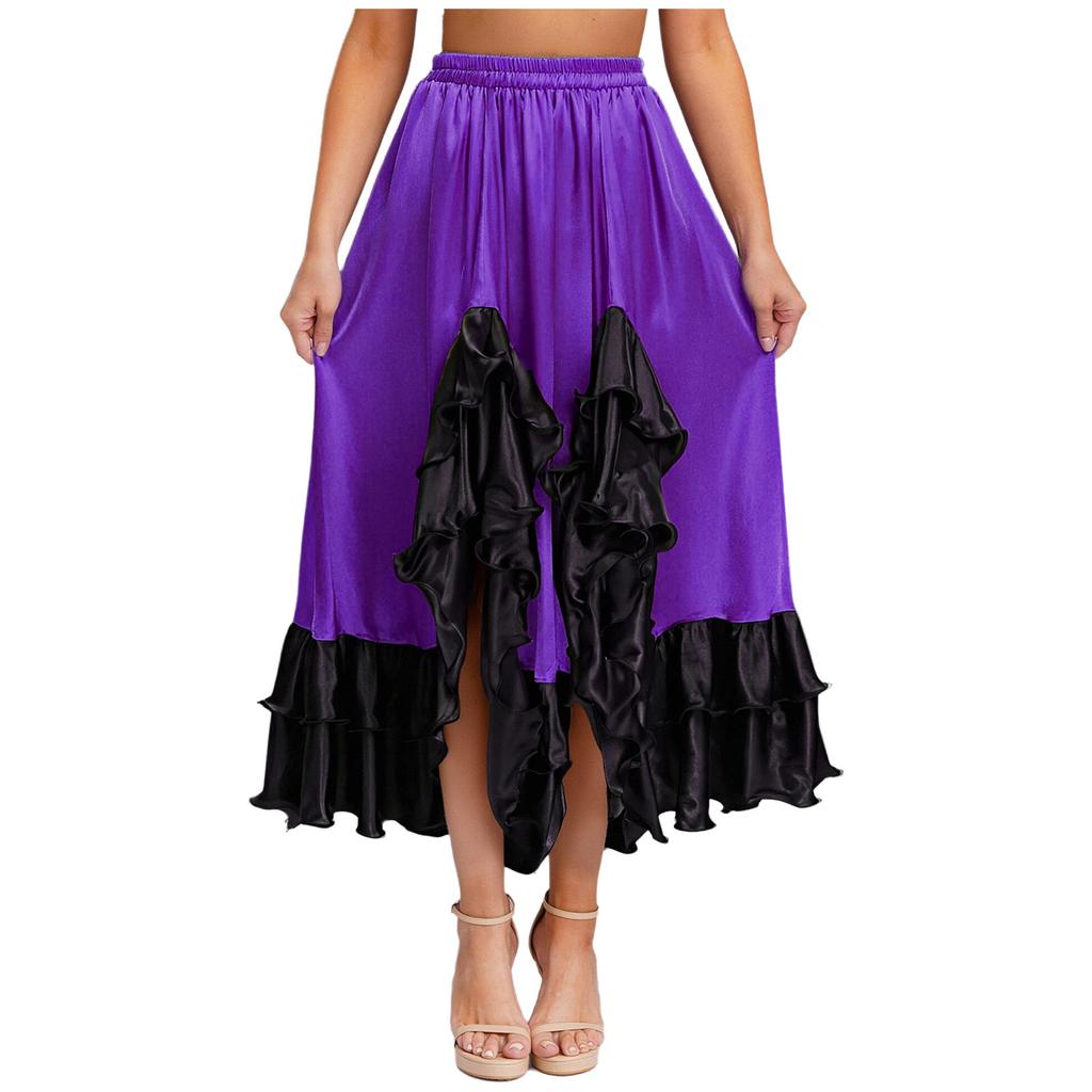 Ladies Spanish Dance Skirt Flamenco Style Ruffled Trim Irregular Hem Satin Elastic Waist Big Swing Skirt