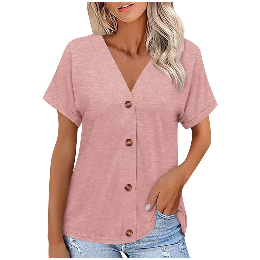 Europe, America Spring and Summer New Solid Color Button Loose Short-sleeved Top T-shirt Women's Spot