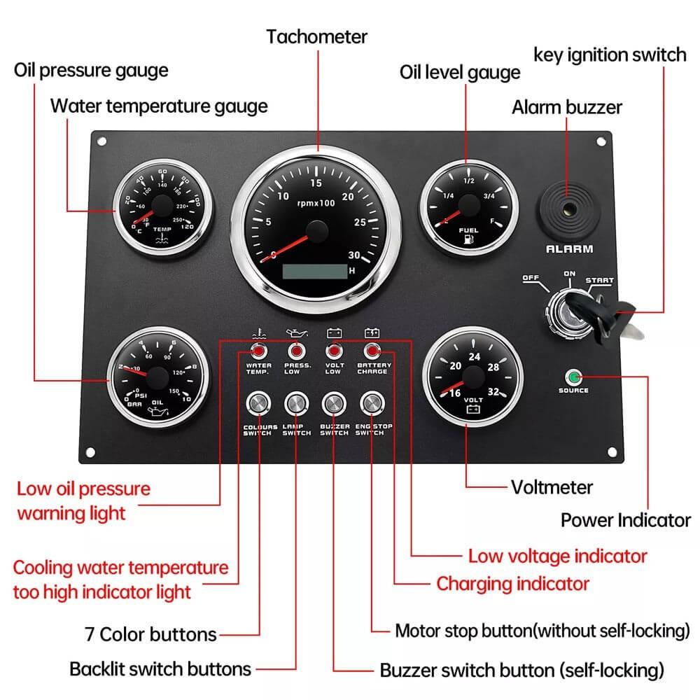 24V 5 Gauge Set with Instrument Panel 0-3000RPM for Car Marine Boat Yacht