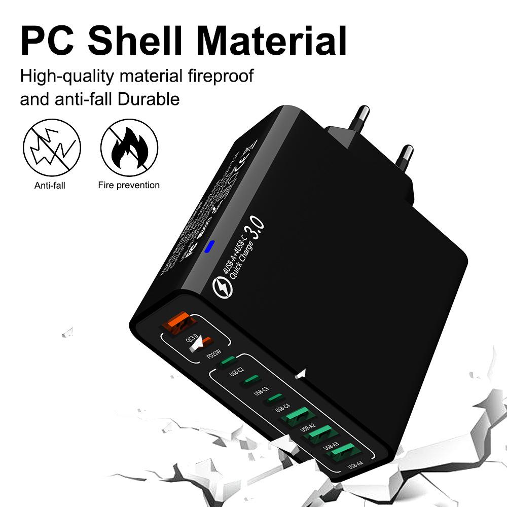 Fast 8-Port Charger: 4 USB, 4 PD, 55W, QC3.0 – Compatible with European, American, Korean Standards