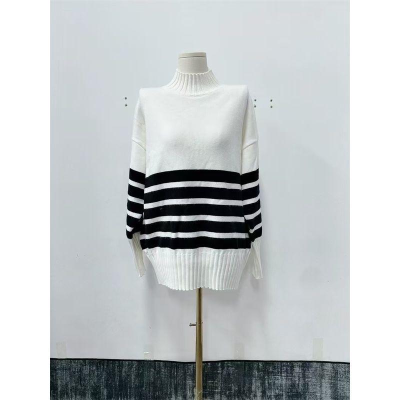 

Fashion Style Black and White Stripes Turtleneck Knitting Sweater Striped High Neck Knitted Sweater Black and white stripes M