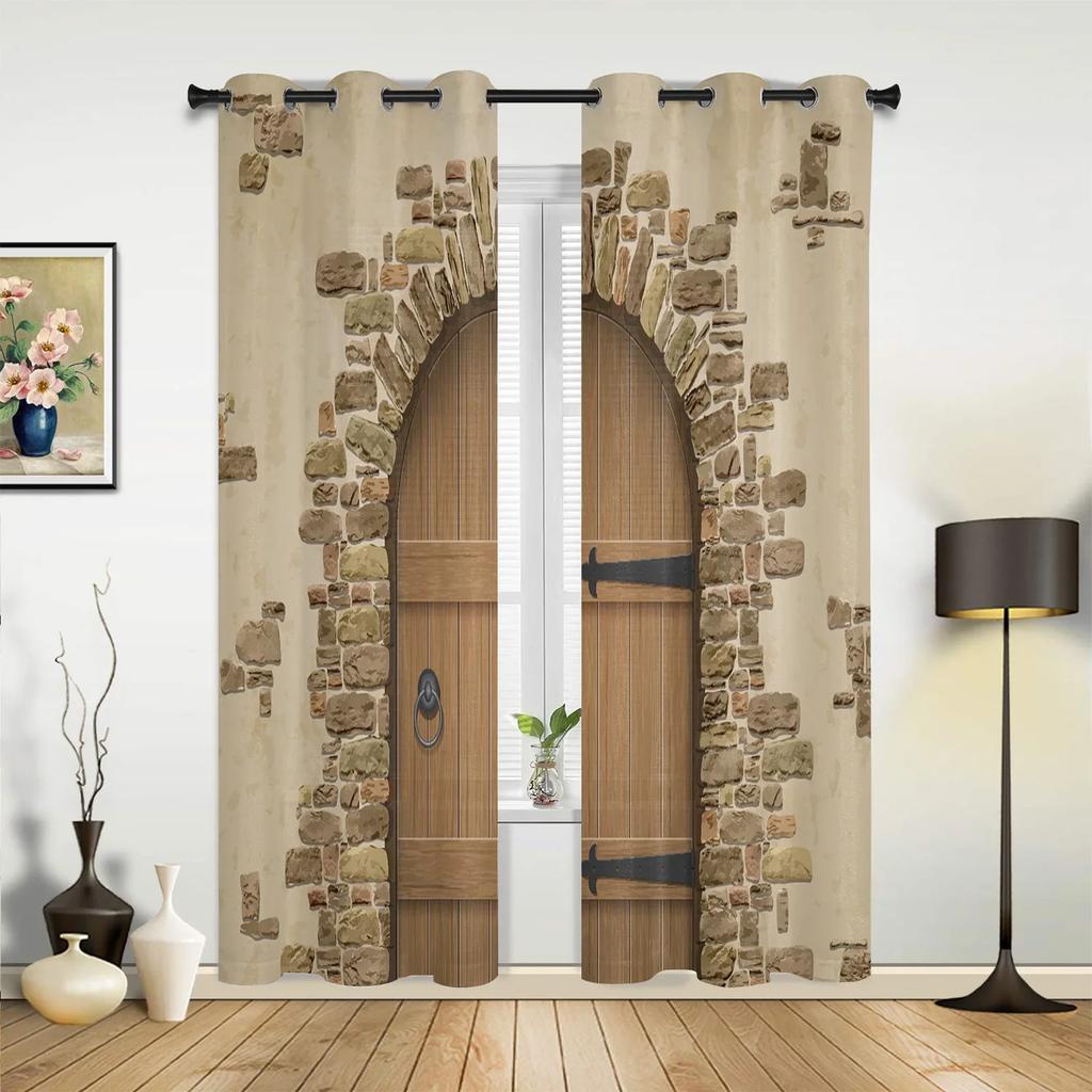 Door Stone and Brick Vintage Window Curtain Drapes Home Decor Living Room Spaces Curtains Kids Room Cortinas Wooden Brown For Kitchen Spaces Bedroom