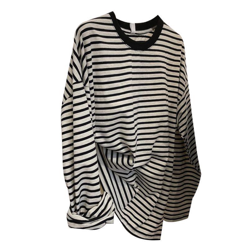 Colorblock Feiner Streifen Retro Locker Langarm Rundhals T-Shirt - 2025 Frühjahr/Sommer Kollektion