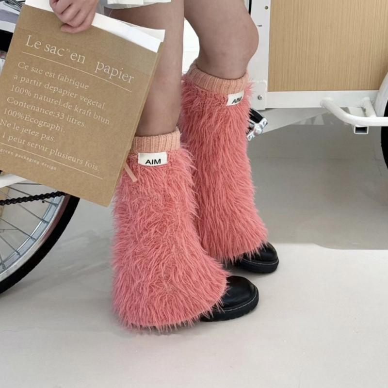 Womens Y2K Girls Winter Furry Leg Warmer wtih Drawstring Harajuku Letter Label Furry Plush Flared Boot Cover Long Socks