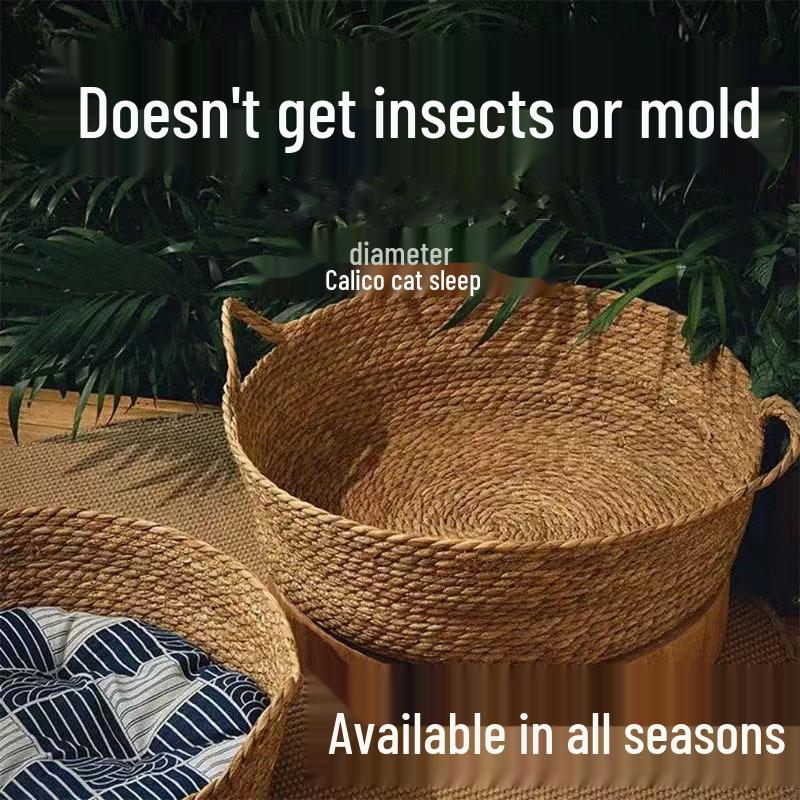 Cattail Woven Cat Bed: Summer Cooling Japanese Style, Scratch Pad, Pet Nest for All Seasons