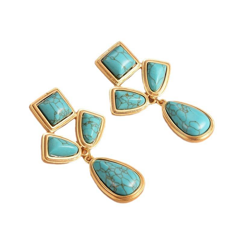 Natural stone geometric fringed earrings personalized niche retro high sense medieval vintage design sense women's earrings