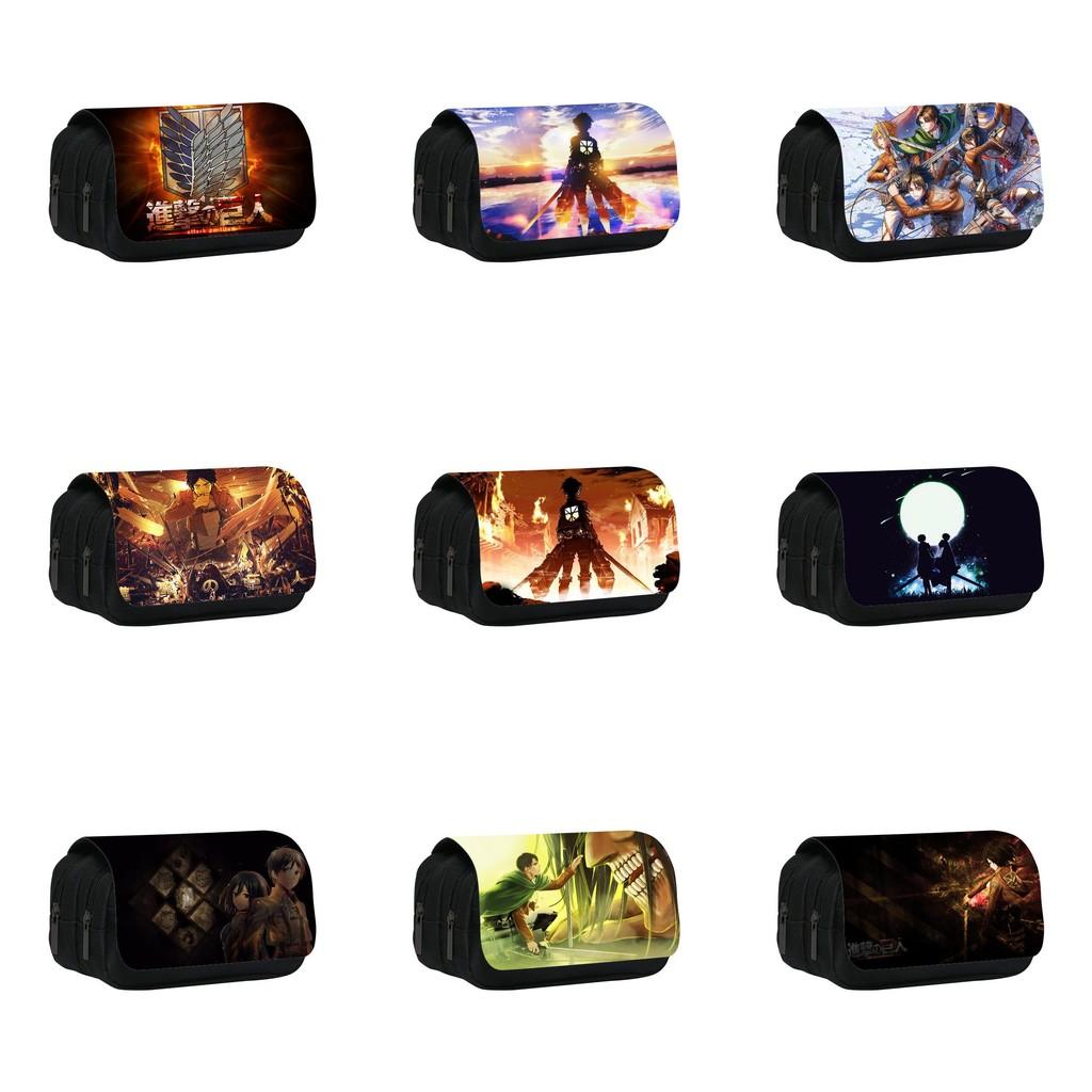 Attack On Titan Anime Pattern Double Layer Flip Cover Stationery Bag For Students And Office Use