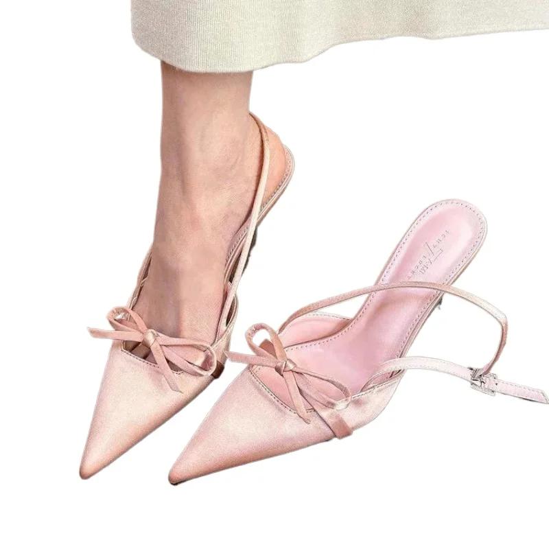 Fashion Hot Selling 2025 New Pointed Bow Sandals for Women Summer Slim Heels High Heels,Wearing Fairy Women's Shoes Outside Women Heels