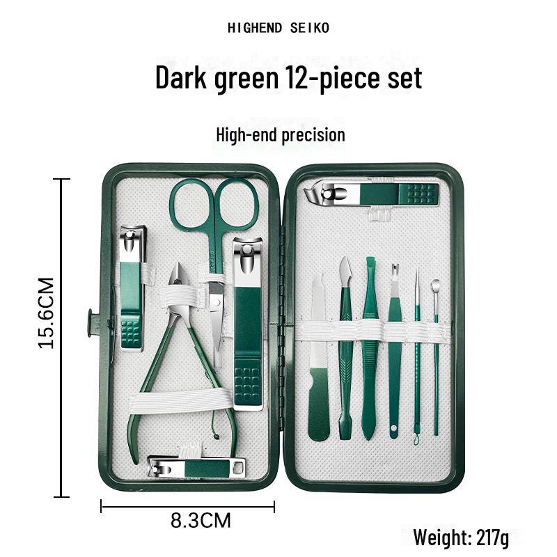 18-Piece Dark Green Stainless Steel Nail Care Set with Clippers, Scissors, and Hawkbill Pliers