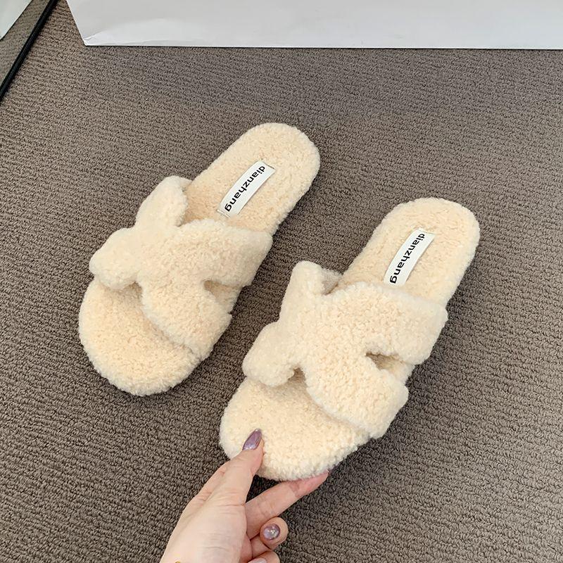 Internet Celebrity Plush Flat Bottom One-word Cotton Slippers Women's Wear 2025 Autumn and Winter New Soft Bottom Comfortable One Pedal Fluff Drag