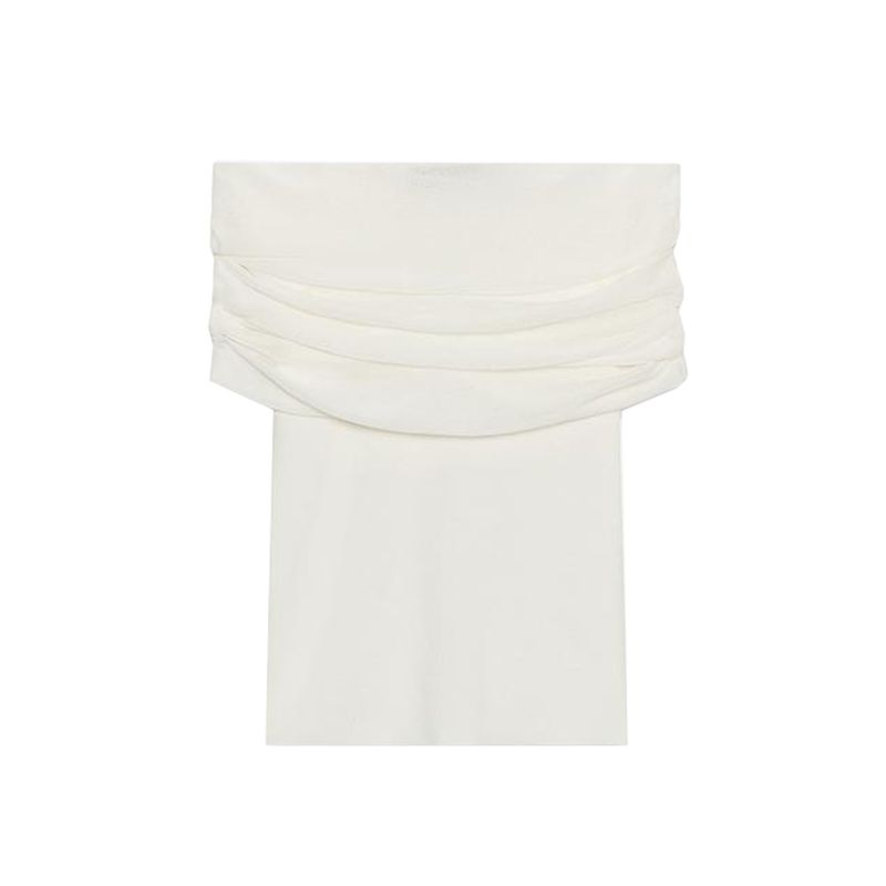 Autumn New Women Clothes French Style Curling Trim Layer Straight Collar Pleat off-the-Shoulder Fashion Knitted Top 2893101