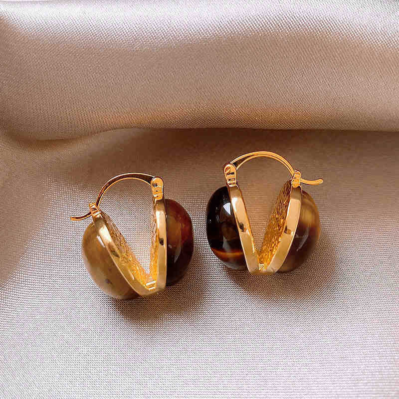 Silver needle tiger's eye stone geometric round pendant earrings retro Maillard style stud earrings personalized niche design earrings