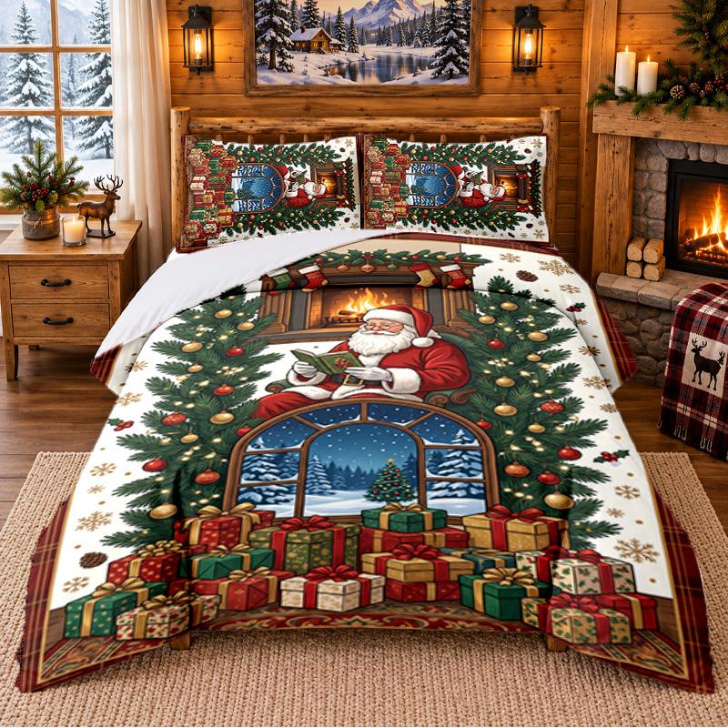 Christmas 3Pcs Bedding Set 1 Bed Sheet 2 Pillowcases Printed Bedroom Bedding Holiday Gift