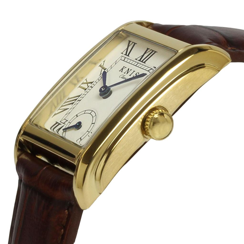 KNIS Classic Rectangular Quartz Watch for Men and 3 ATM Water White Roman Gold Crocodile Embossed Leather (Nis) Japanese-made Women, Resistant, Dial,