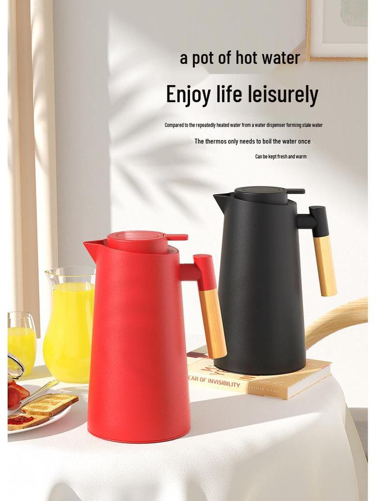 Nordic Thermos Pot with Wooden Handle & Glass Liner, Large-Capacity Hot Water/Coffee Kettle, Printable Design Gift.