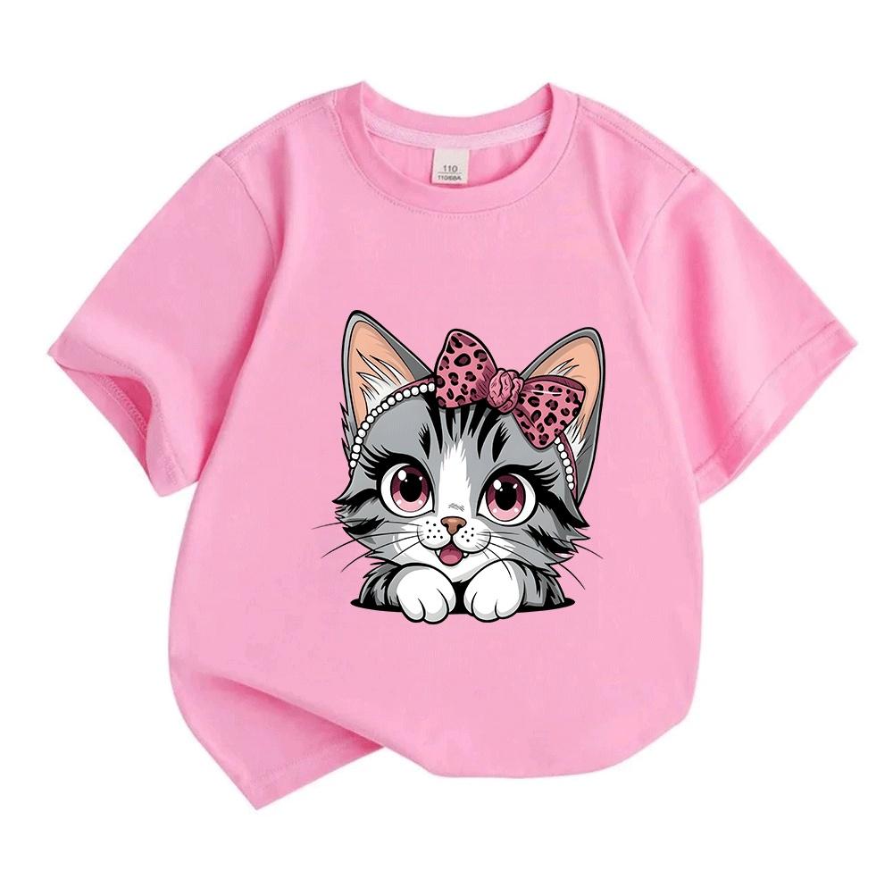 Kids Boys Girls 100% Cotton Short Sleeve Crew Neck T-Shirt, Cute Pink Bow Leopard Print Gray Tabby Cat Graphic Casual Soft Tee for Children Daily Wear