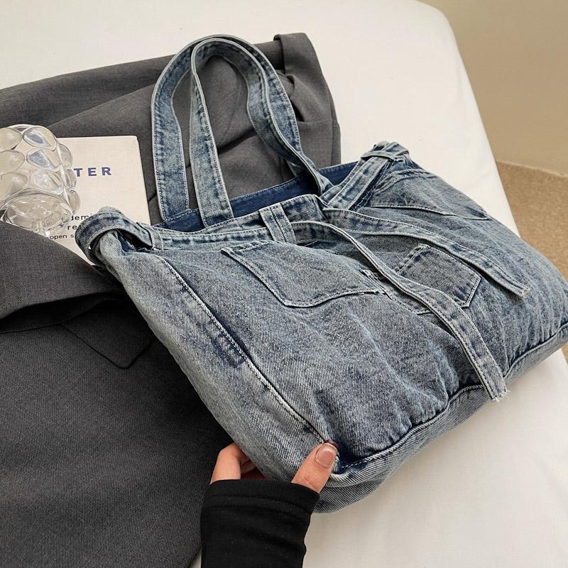 Vintage Shoulder Bag Women's Denim Tote Bag Large Capacity Student Class Bag