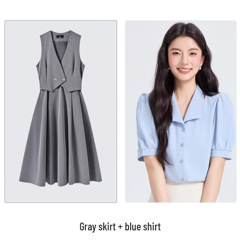 Age-Defying Preppy Vest Dress Set for Female College Students - Ideal for Exams & Interviews, Includes Shirt and Vest Dress