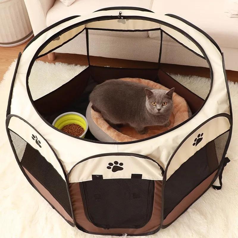 

Portable cat and dog bed, octagonal pet fence, pet tent, Oxford cloth, scratch-resistant and foldable dog cage, cat bed темно-коричневого