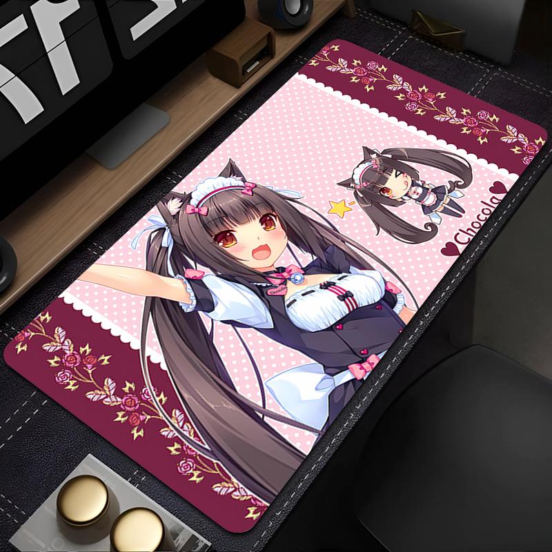 Gaming Mouse Pad Large Desk Mat Antislip Stitched Edges Cat Girl Anime Print Purple Floral Waterproof Mat for Home Use