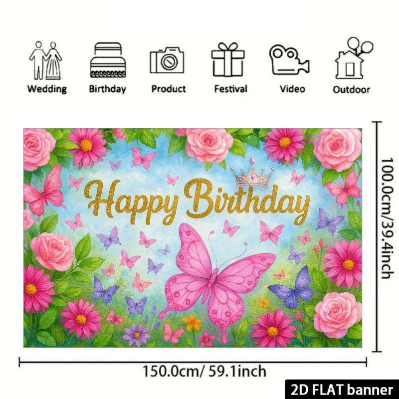 1 piece, 2D flat butterfly floral birthday backdrop, polyester material, suitable for birthday parties/girls' get-togethers. (ws