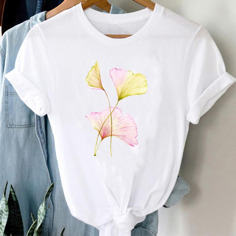 (European Size)  90s Top Fashion Short Sleeve Tee Flower Watercolor Cute Trend T-shirt Women Clothing Casual Print Lady Female Graphic T-shirt
