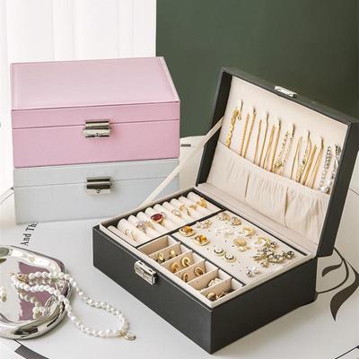 Large Capacity PU Leather Jewelry Box with Lock, Double Layer Storage for Earrings, Necklaces, and Bracelets