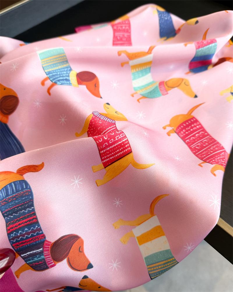 Cute Dog Print Square Silk Scarf for Women Hijab Hair Bands Neckerchief Female Satin Shawl Ribbon Headband Fashion Wraps Bandana
